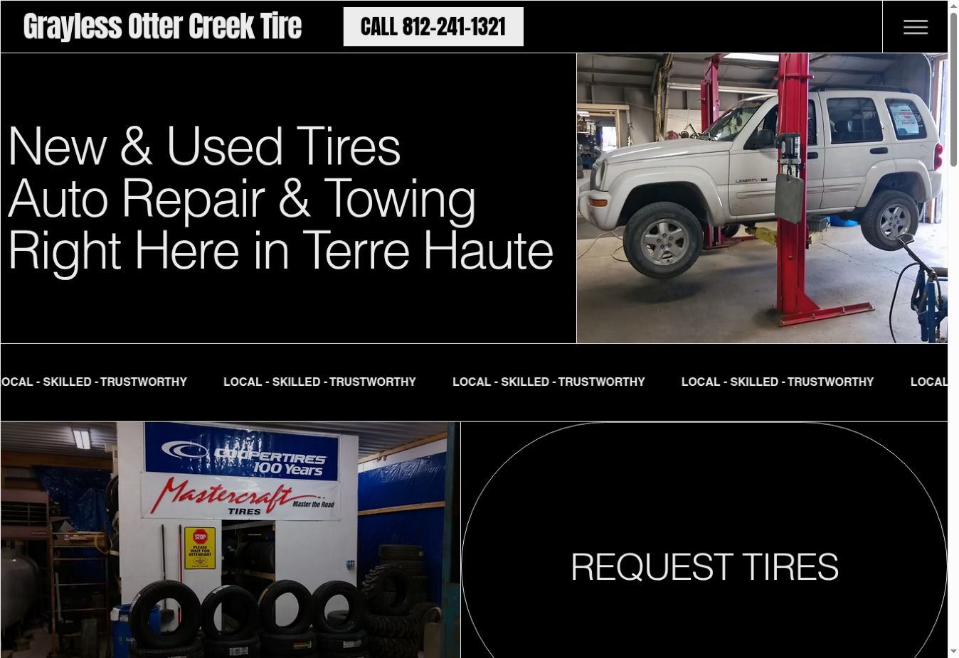 Actual Grayless Otter Creek Tire website: homepage screenshot