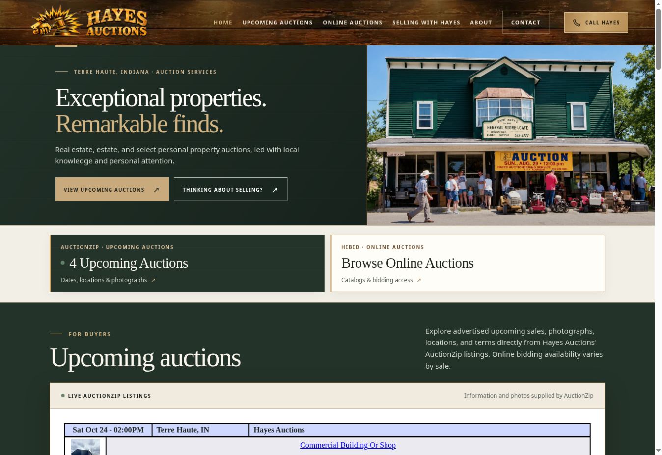 Actual Hayes Auctions website: homepage screenshot