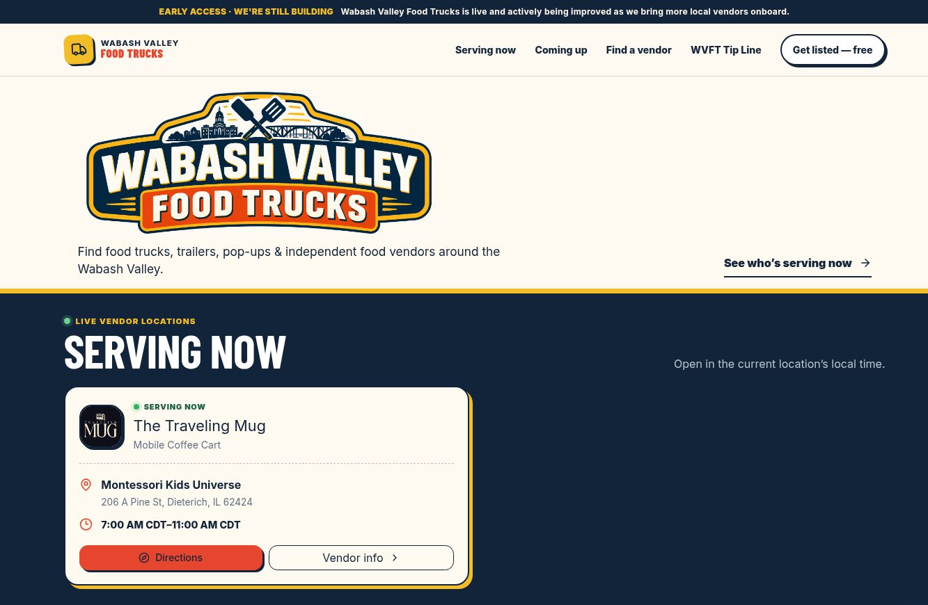 Actual Wabash Valley Food Trucks website: homepage screenshot